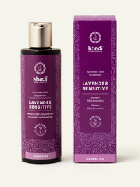 Champú elixir Ayurvédico Lavender Sensitive con empaque.