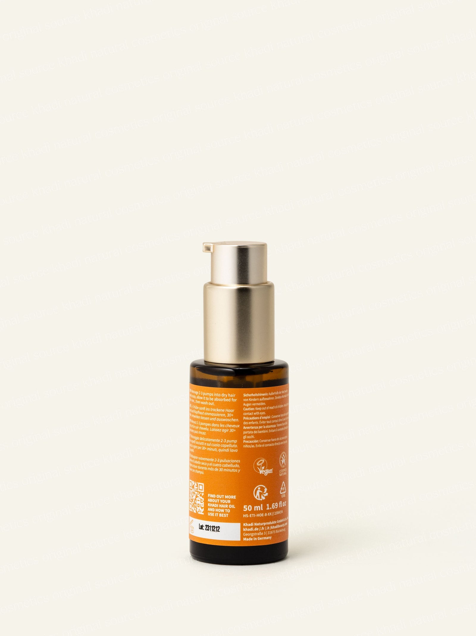 Imagen de la botella del aceite capilar khadi, vista trasera