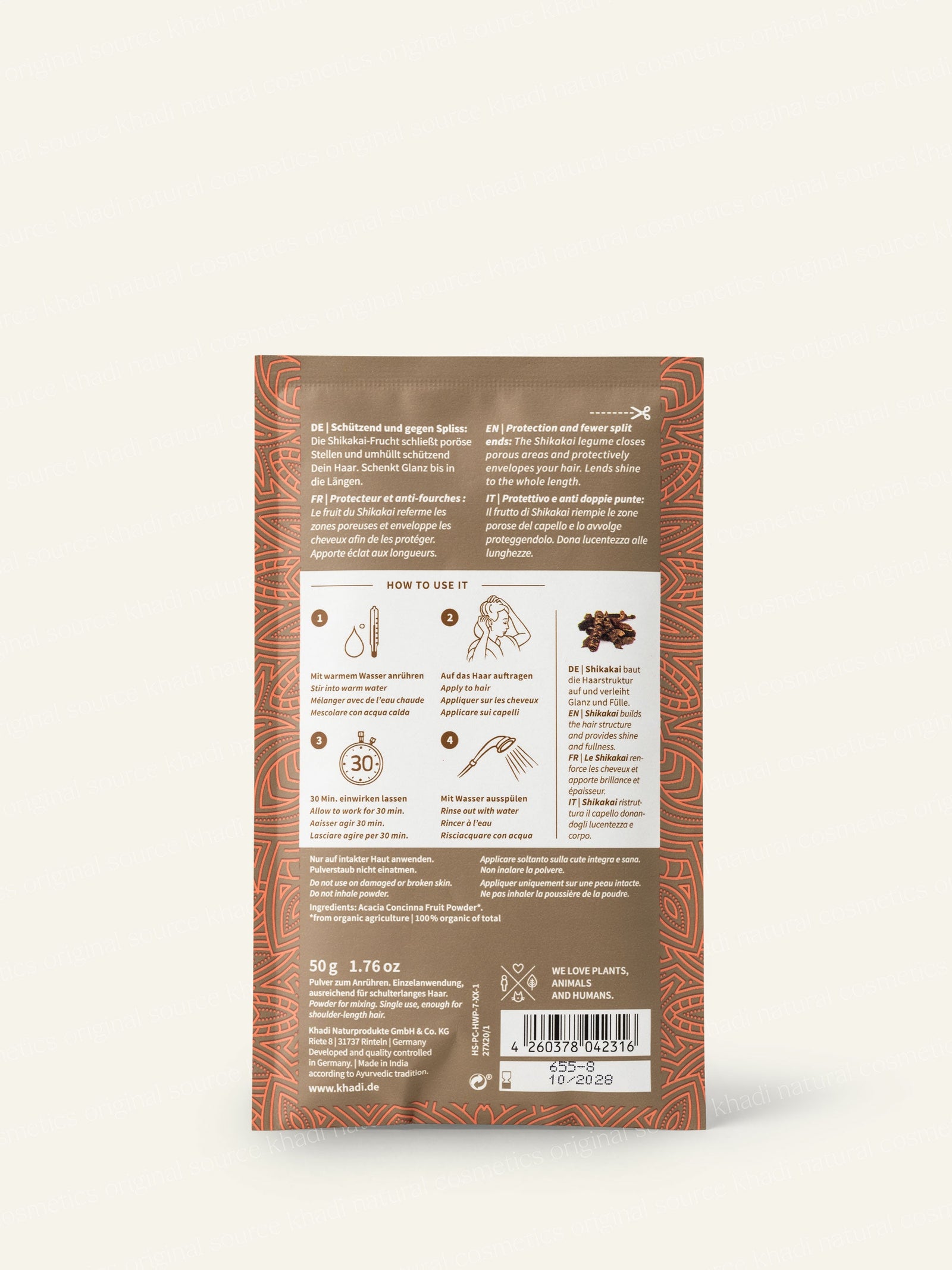 Sobre de mascarilla capilar Deep Shine shikakai, vista trasera