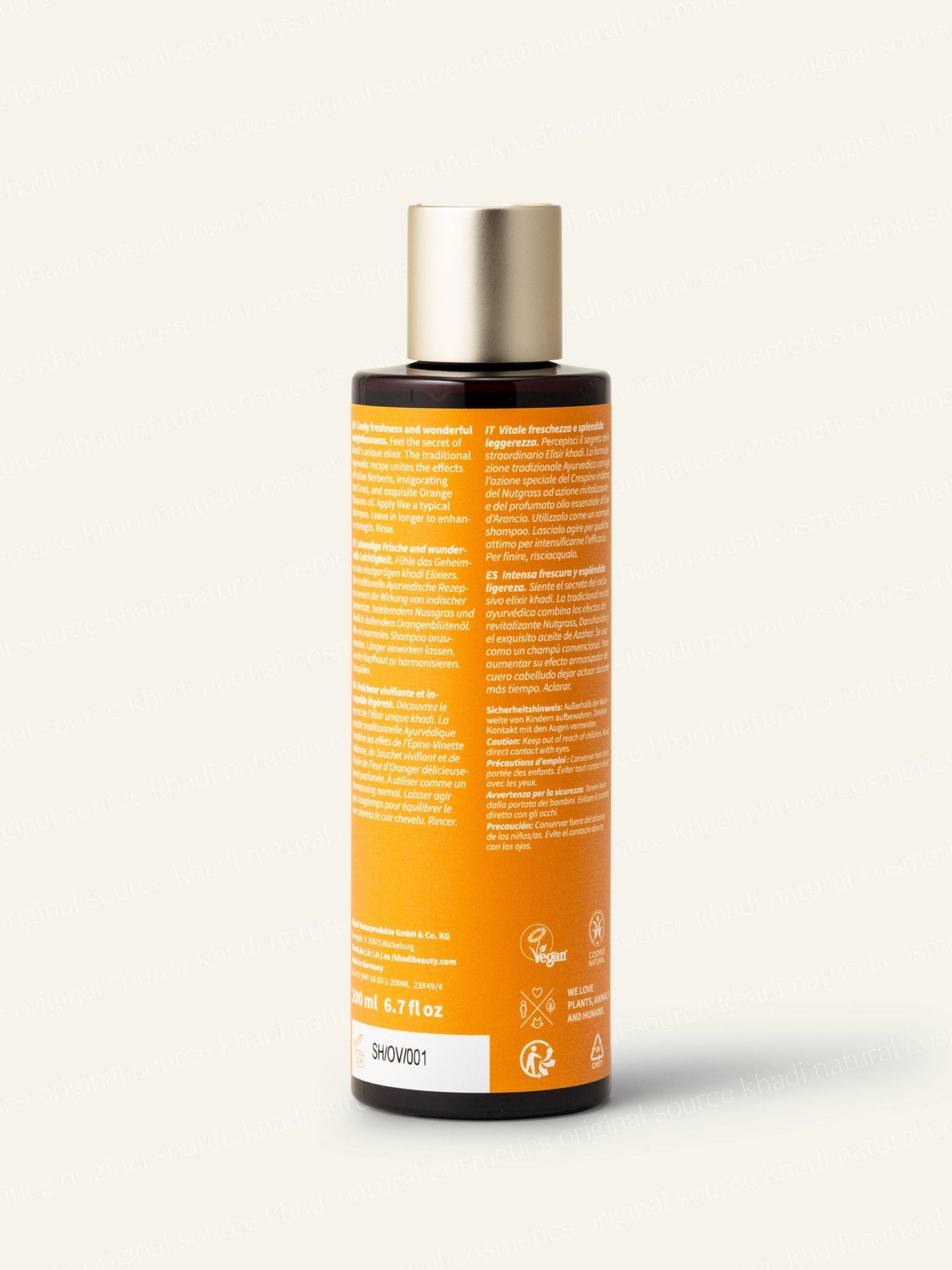 Champú khadi Orangle Vitality, botella vista trasera