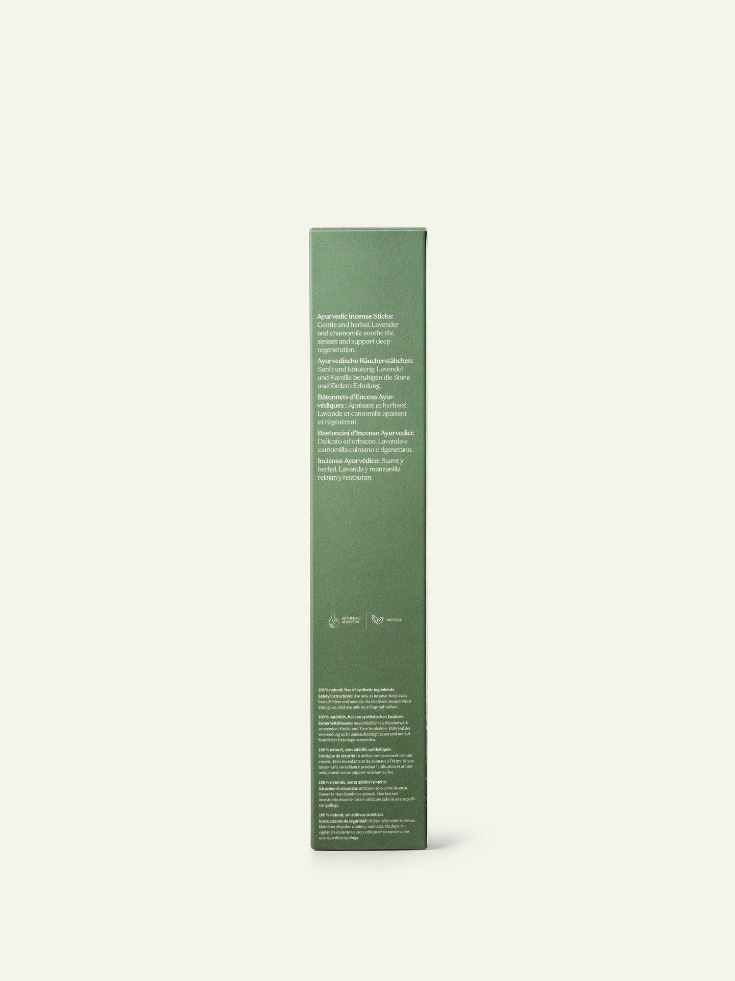 Imagen de empaque de incienso Ayurvédico khadi "The art of healing", vista trasera.