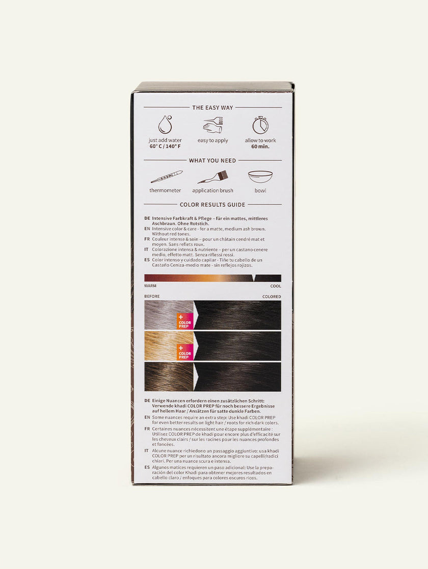 Tinte vegetal para el cabello castaño ceniza. Envase vista trasera.