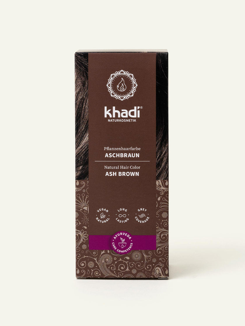 Tinte vegetal para el cabello khadi castaño ceniza, embalaje visto desde delante