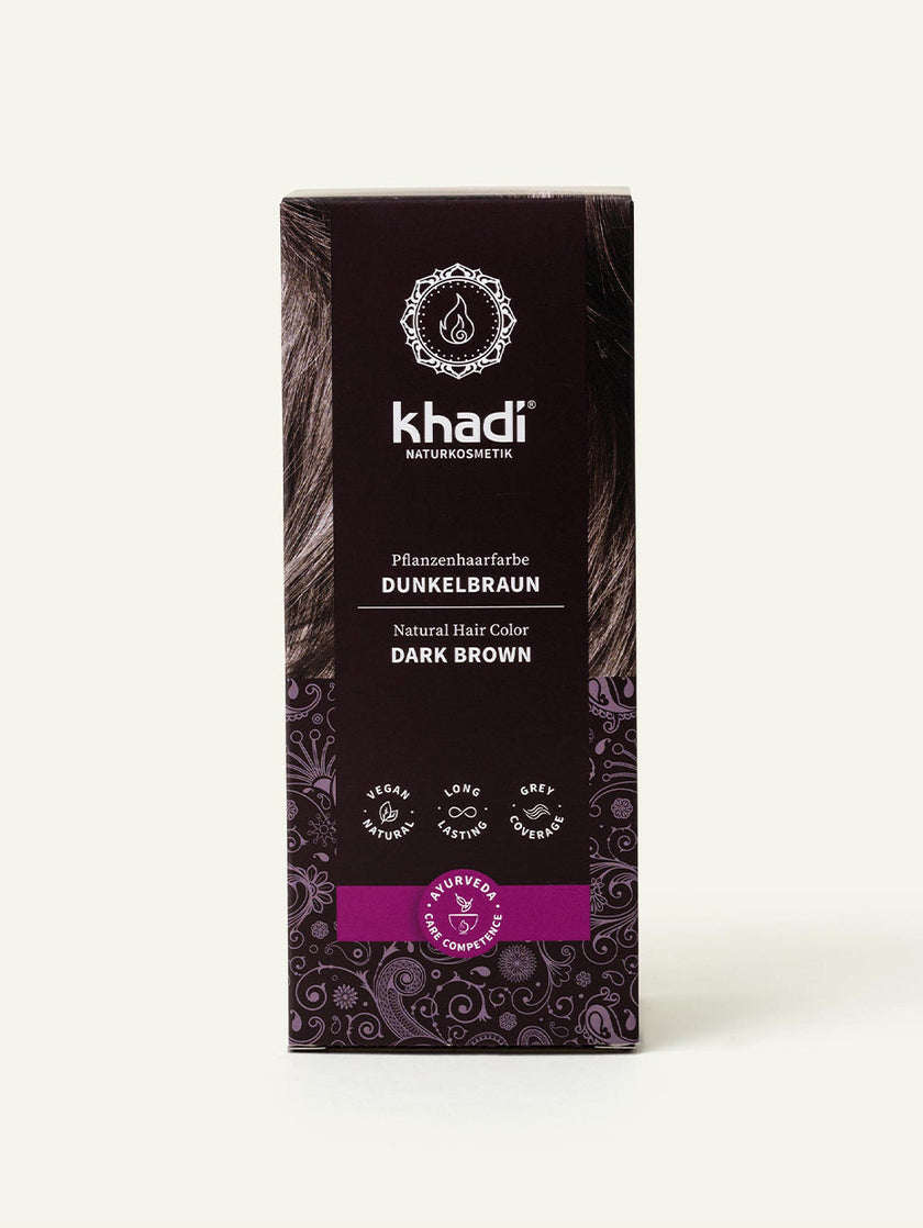 Tinte vegetal castaño oscuro khadi. Envase visto desde delante.