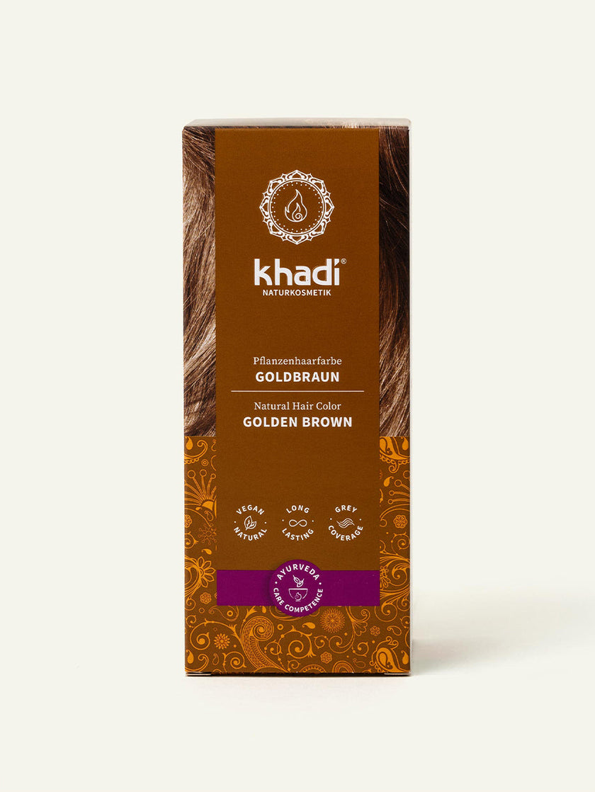 Parte frontal del envase del tinte vegetal castaño dorado de khadi