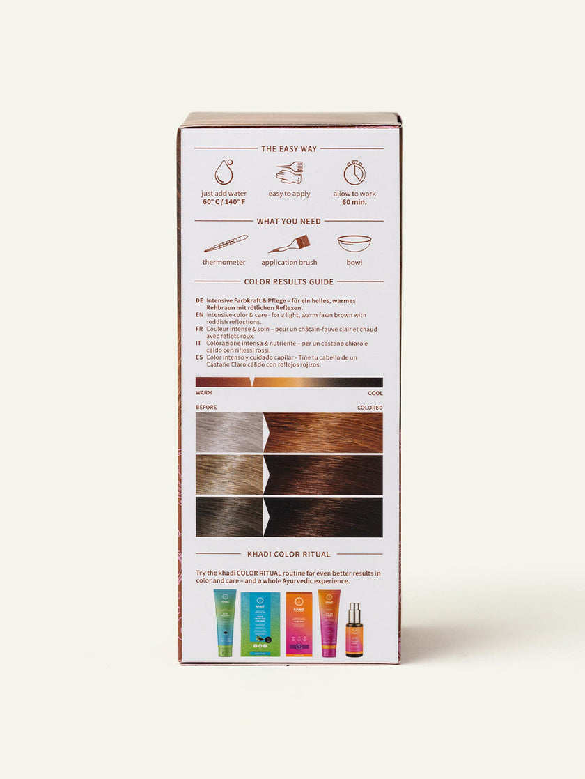Tinte vegetal khadi castaño claro Envase Instrucciones de uso