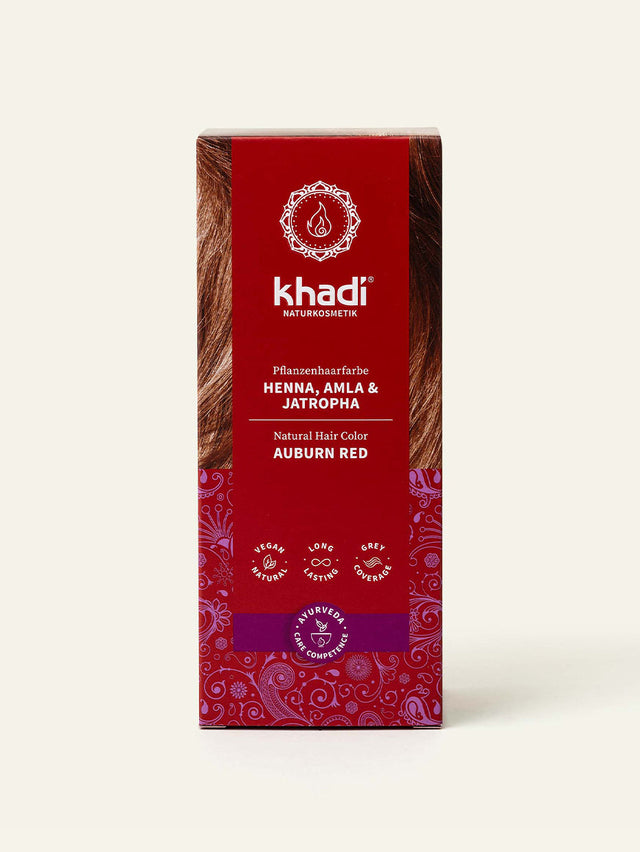 Tinte vegetal khadi Henna, Amla y Jatropha. Vista frontal del envase.