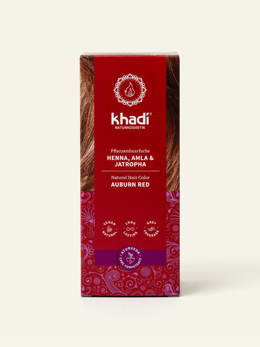 Tinte vegetal khadi Henna, Amla y Jatropha. Vista frontal del envase.