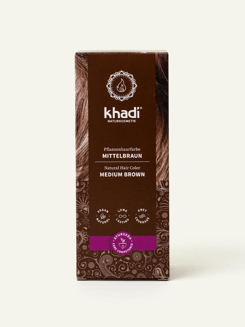 Imagen del tinte vegetal castaño medio, parte delantera del envase de khadi