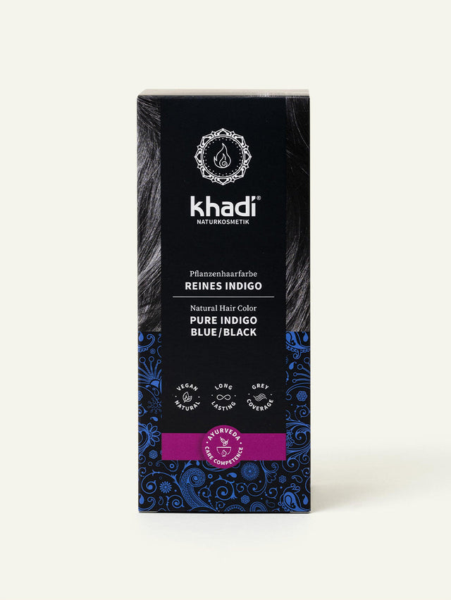 Imagen del tinte vegetal para el cabello khadi índigo puro, vista frontal del envase.