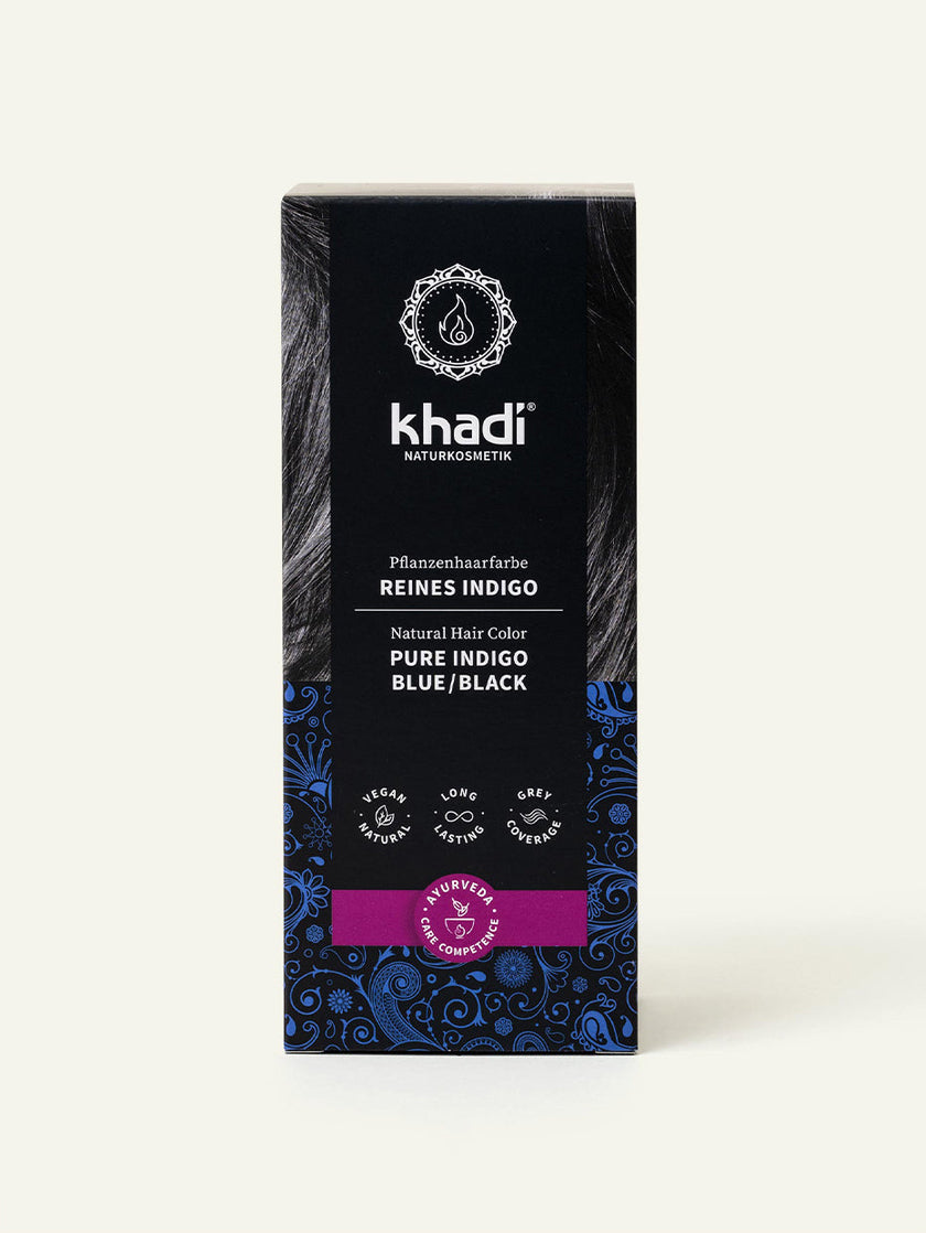 Imagen del tinte vegetal para el cabello khadi índigo puro, vista frontal del envase.