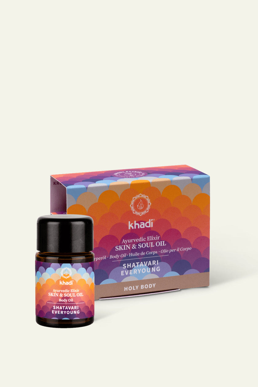 Imagen de empaque de mini Aceite Corporal Ayurvédico Shatavari Everyoung khadi.